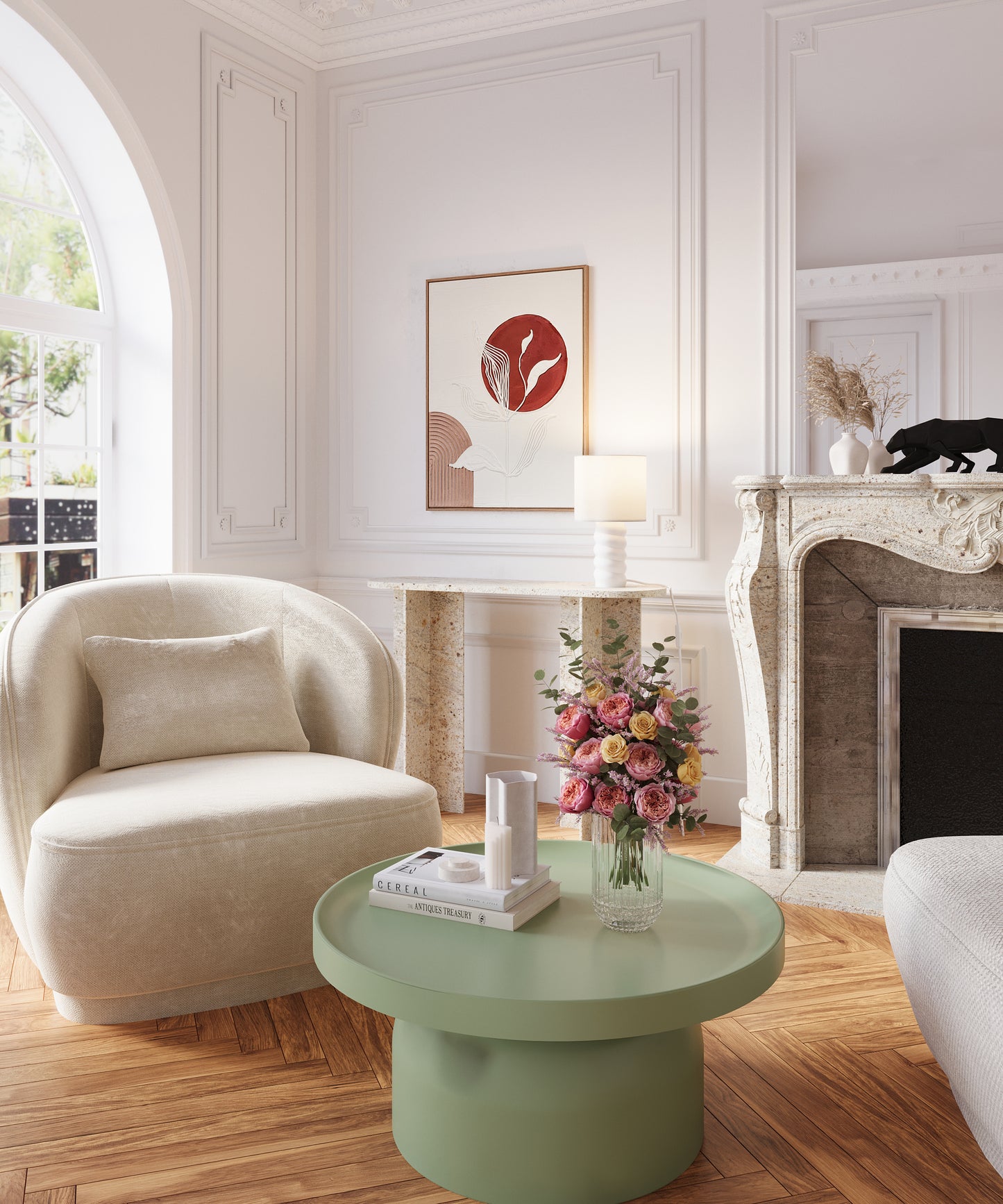Table basse ronde en métal vert d’eau Athéna Potiron Paris