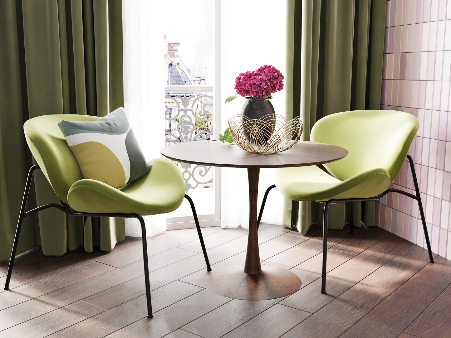 Fauteuil Malaga, velours vert olive et métal Potiron Paris