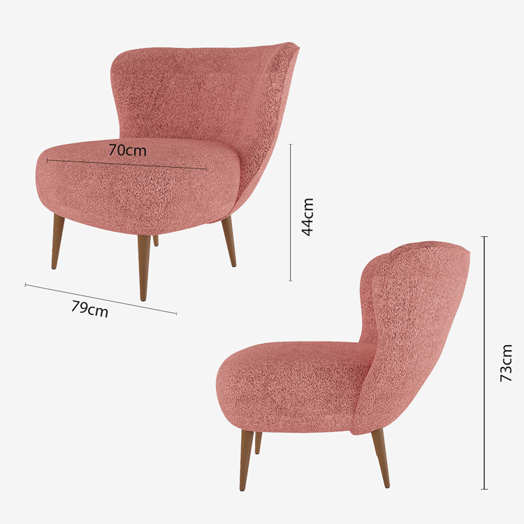 Petit fauteuil cocktail en bouclette rose, pieds en bois, style bohème chic - Potiron Paris, la satisfaciton des assises design confortables et pas chères