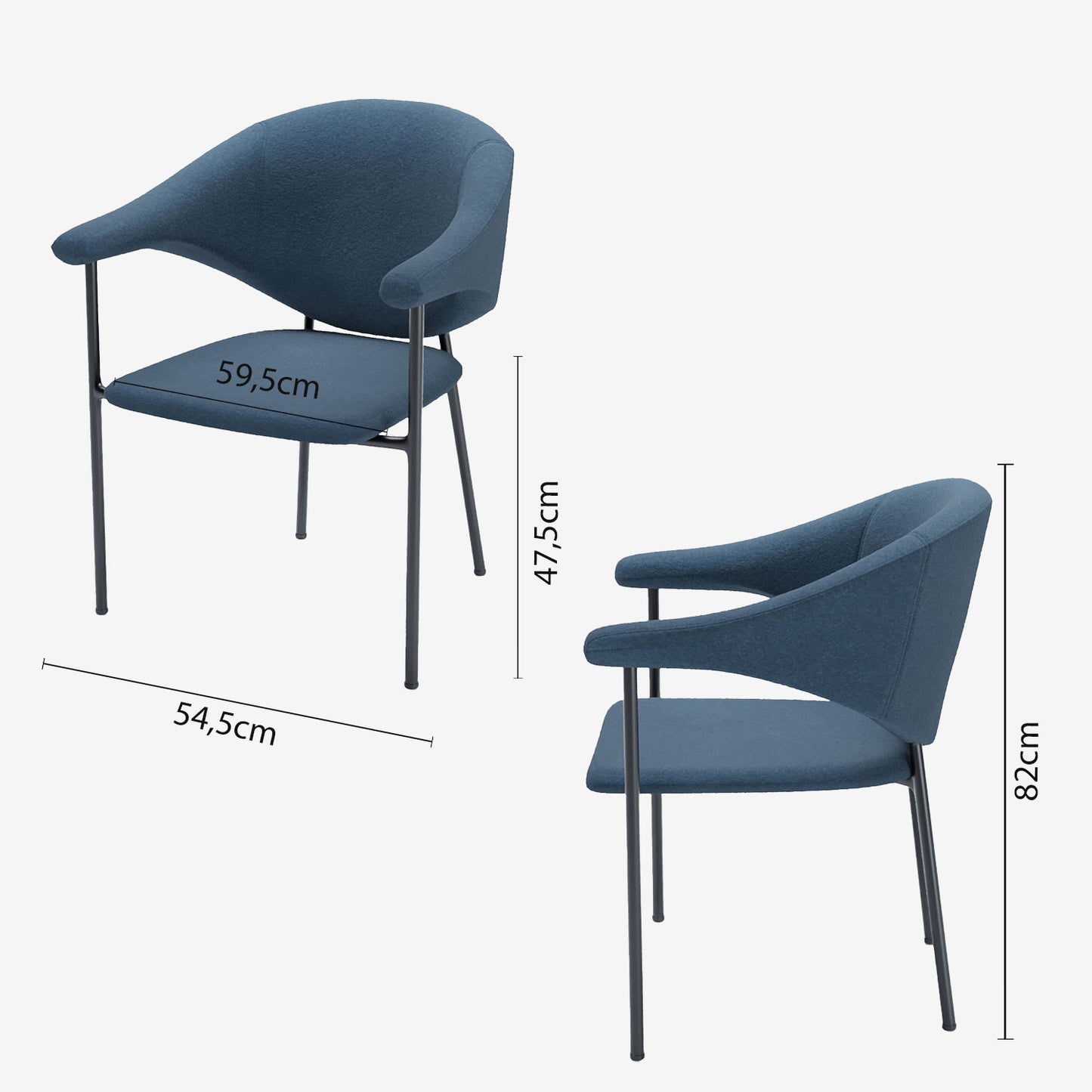 Lot de 2 chaises avec accoudoir design en velours bleu Jeanne Potiron Paris