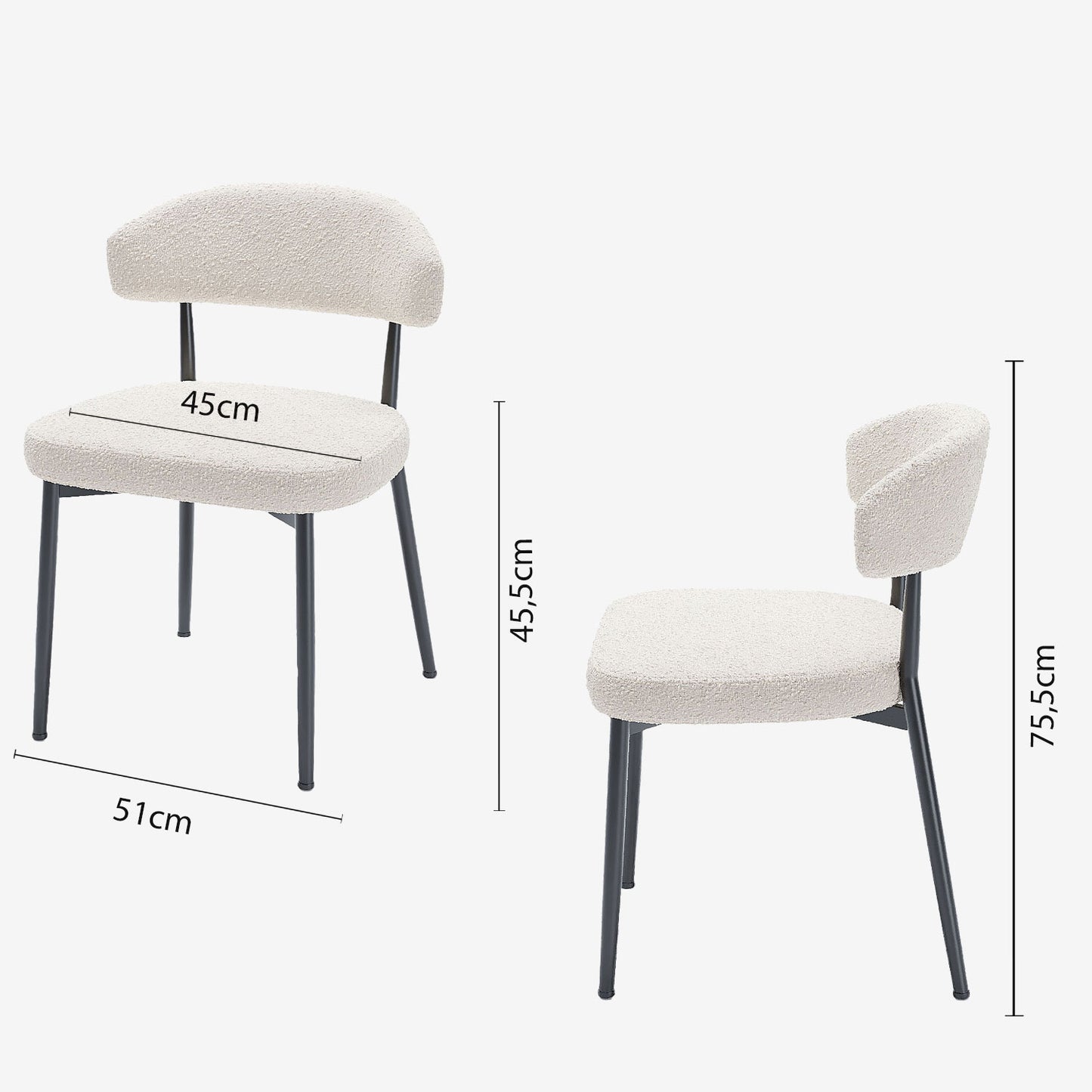 Lot de 2 chaises de salle à manger en tissu bouclette blanche & métal noir Mona Potiron Paris