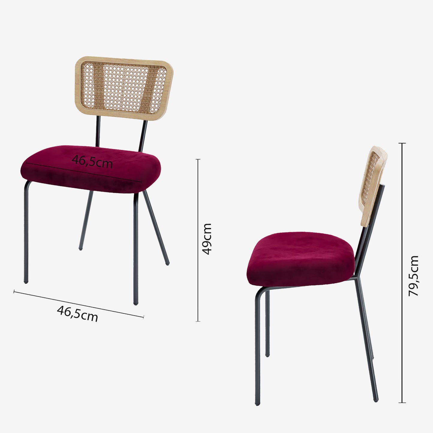 Lot de 2 chaises dossier rotin coussin velours bordeaux Sofia Potiron Paris