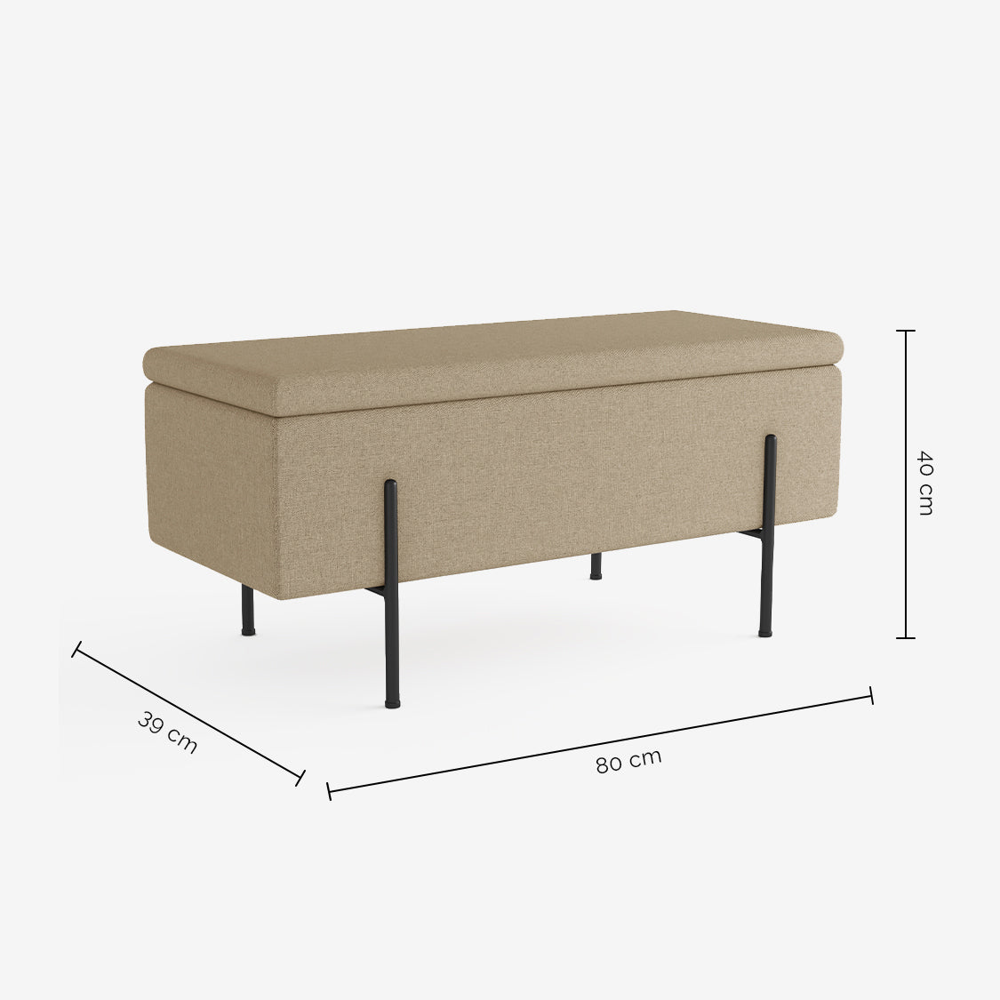 Banc en tissu beige et métal noir avec coffre de rangement : les assises avec rangement intégré otpimsient votre espace !