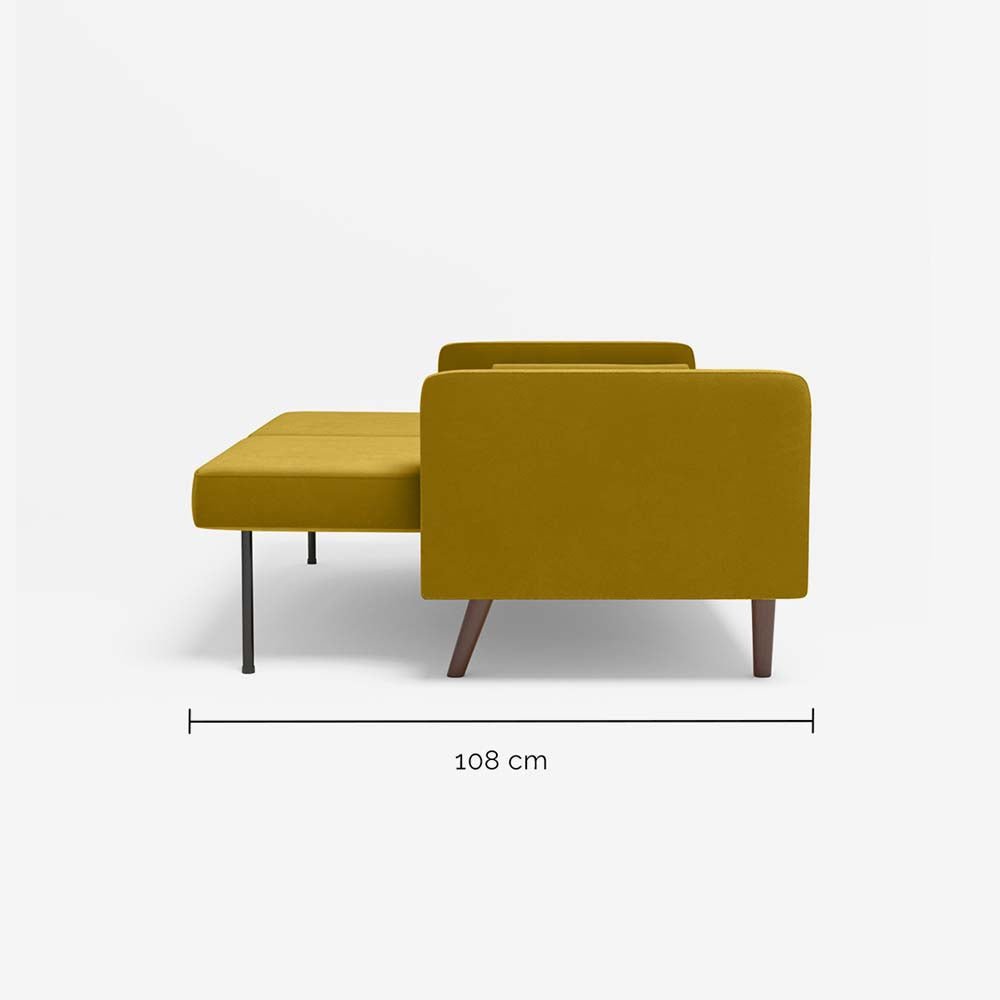 Canapé-lit 2 places Giulia velours jaune moutarde, coussins cylindriques - Potiron Paris