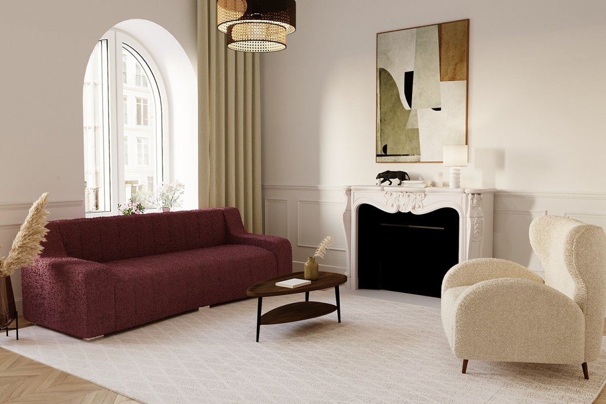 Donnez du style à votre salon avec le grand canapé rose tissu bouclette - Potiron Paris, la satisfaction des canapés design confortables au meilleur prix