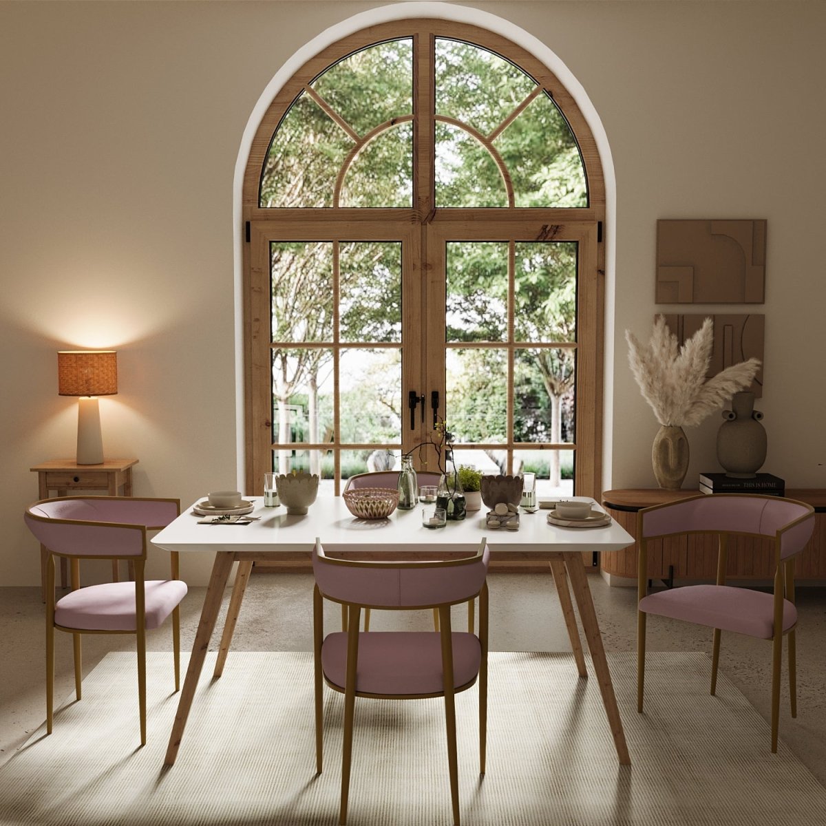 Chaise de salle à manger design dossier arrondi velours rose pâle Aurore Potiron Paris