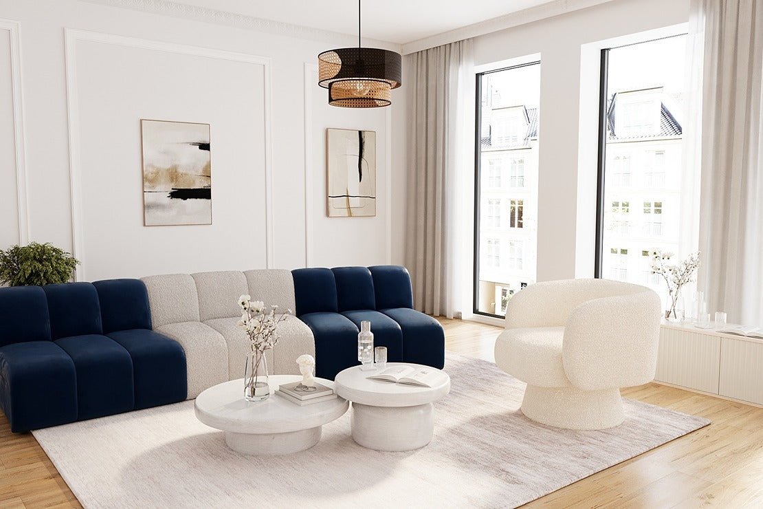 Chauffeuse d’angle pour canapé modulable en velours bleu marine Hélène Potiron Paris