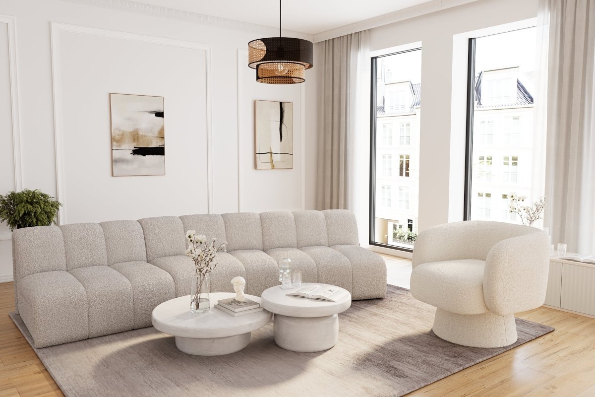 Chauffeuse pour canapé modulable en tissu bouclette gris-crème Hélène Potiron Paris