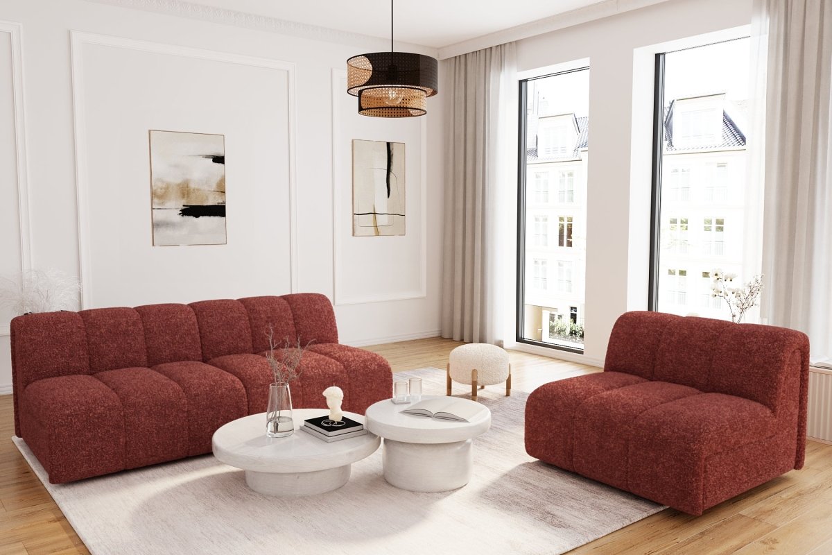 Chauffeuse pour canapé modulable en tissu bouclette rose Hélène Potiron Paris