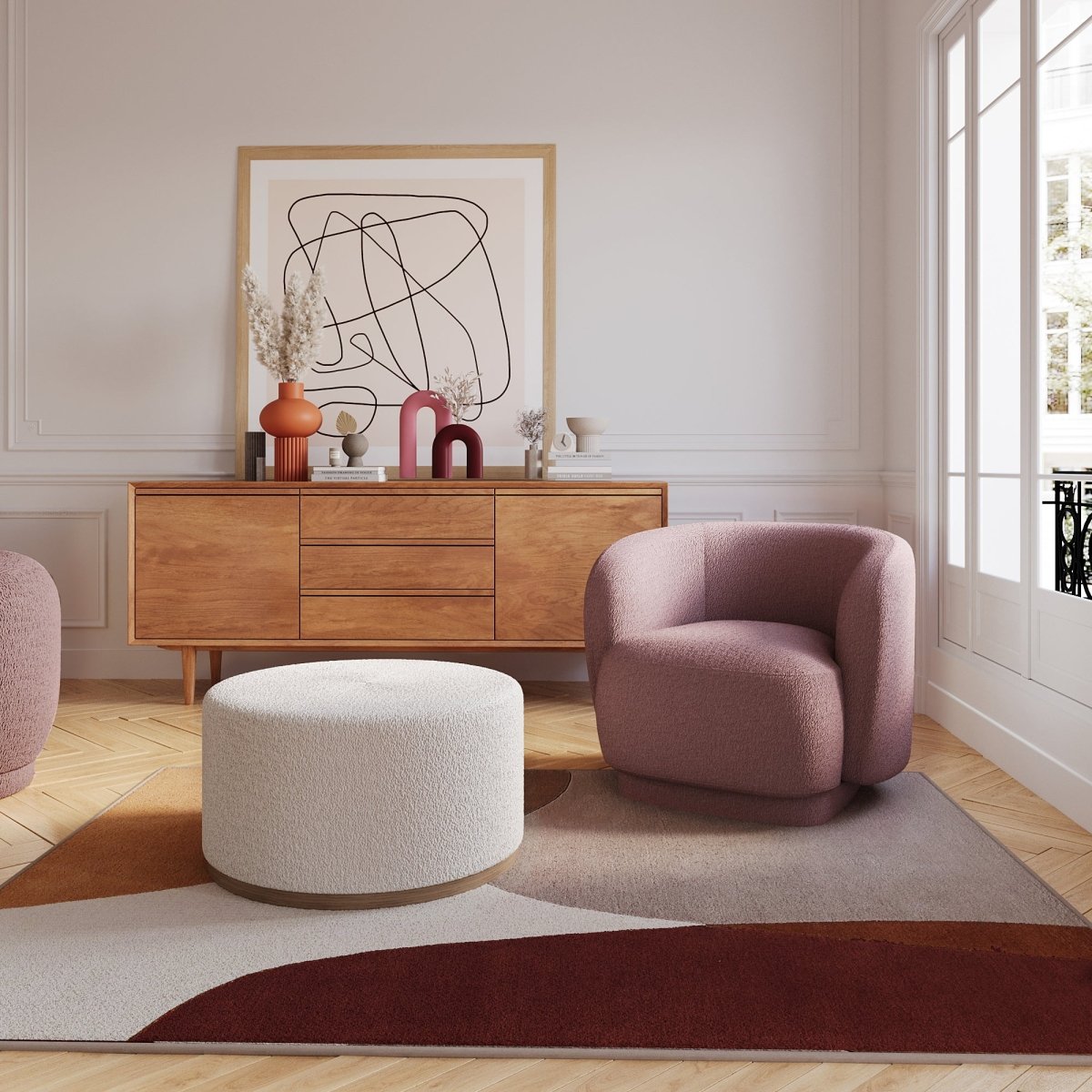 Fauteuil de lecture salon scandinave en bouclette couleur rose - Potiron Paris, la satisfaction du fauteuil design et confortable pas cher