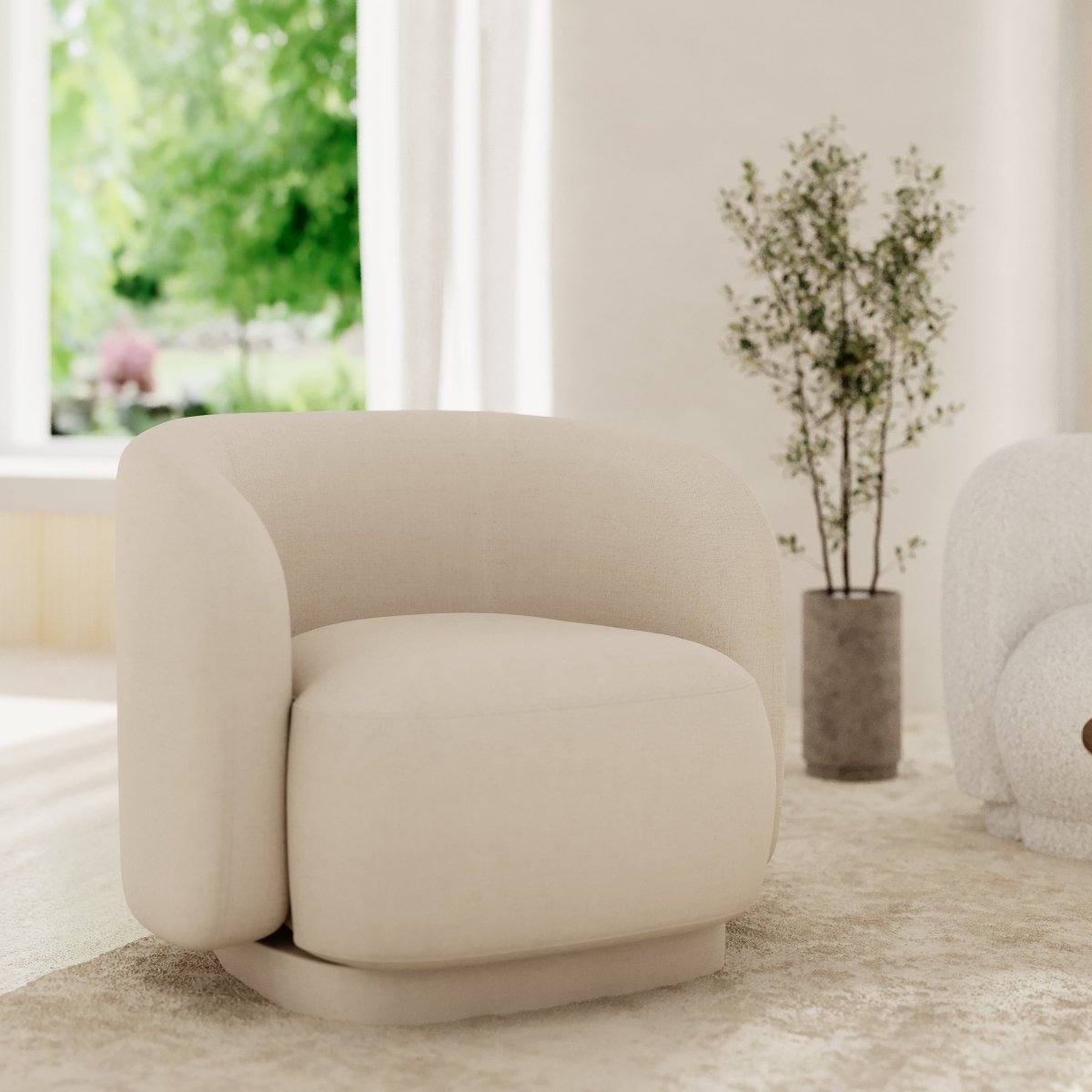 Fauteuil vintage forme organique en tissu beige - Potiron Paris, la satisfaction du fauteuil design et confortable pas cher
