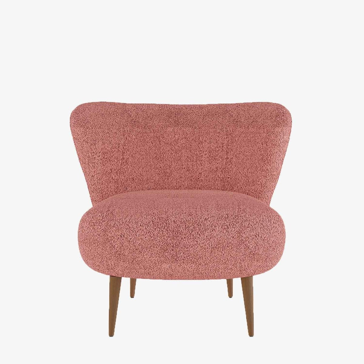 Fauteuil bas salon moderne style bohème chic en tissu bouclette rose et bois - Potiron Paris, la satisfaciton des assises design confortables et pas chères