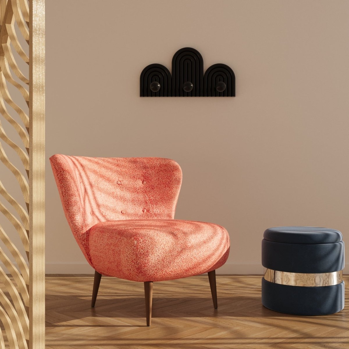 Fauteuil scandinave à oreilles en tissu bouclette rose et bois - Potiron Paris, la satisfaciton des assises design confortables et pas chères