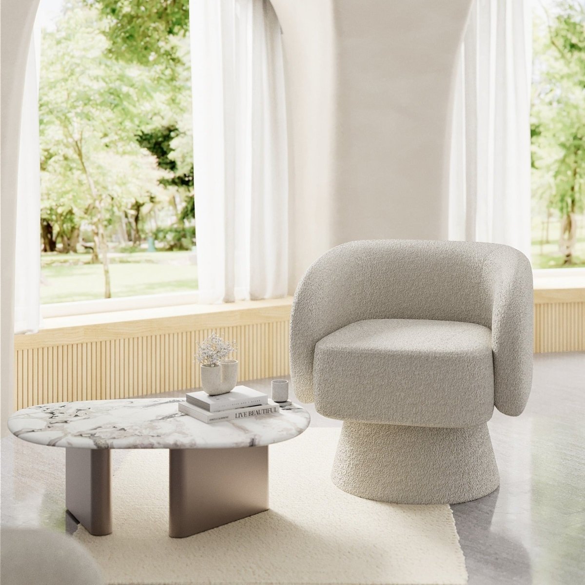 Fauteuil salon confortable pivotant tissu bouclé couleur gris-crème - Potiron Paris, le meuble déco salon design et pas cher