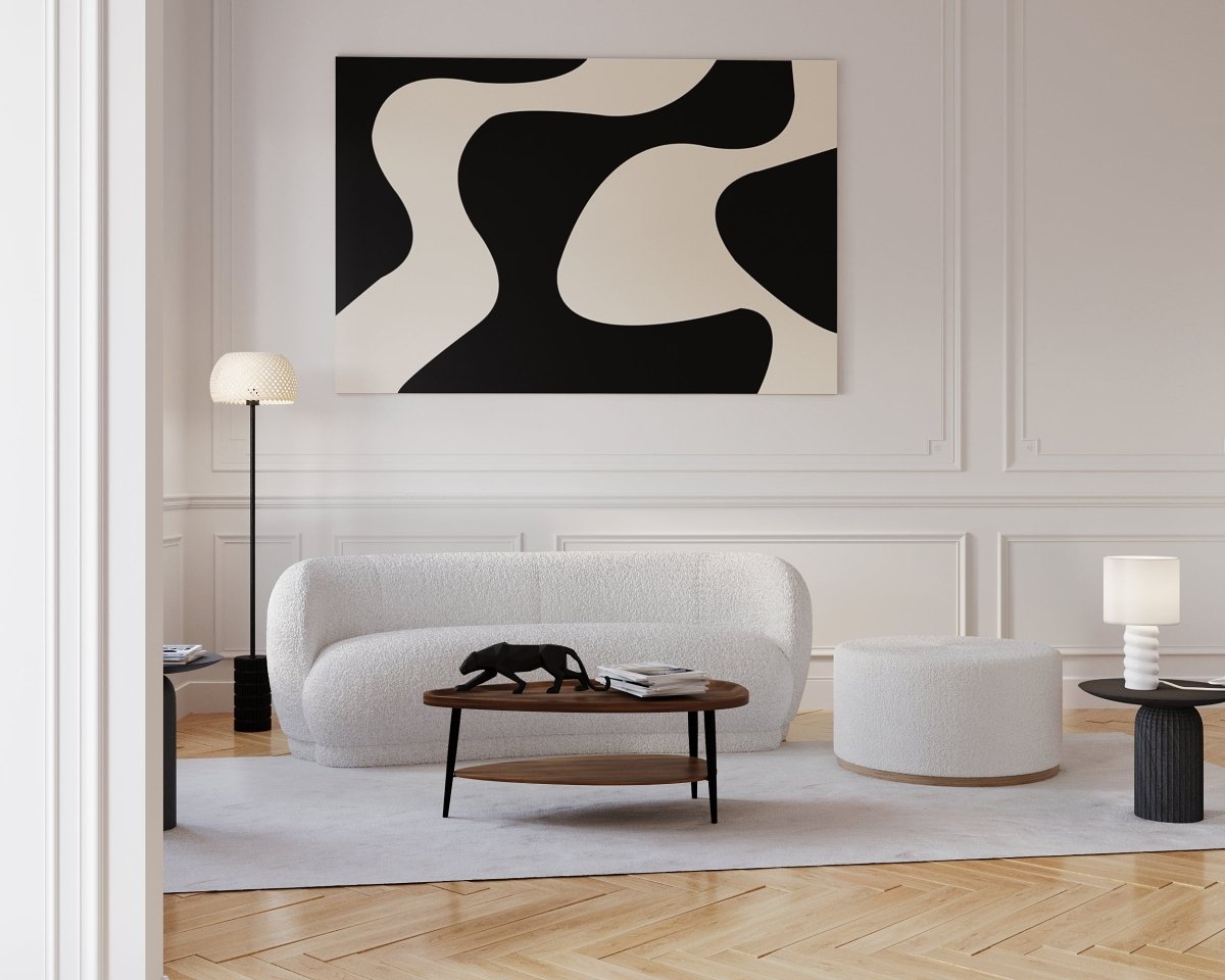 Colleciton meubles de salon design, pouf rond grand format en bouclette blanche style moderne - Potiron Paris, la déco contemporaine chic pas chère