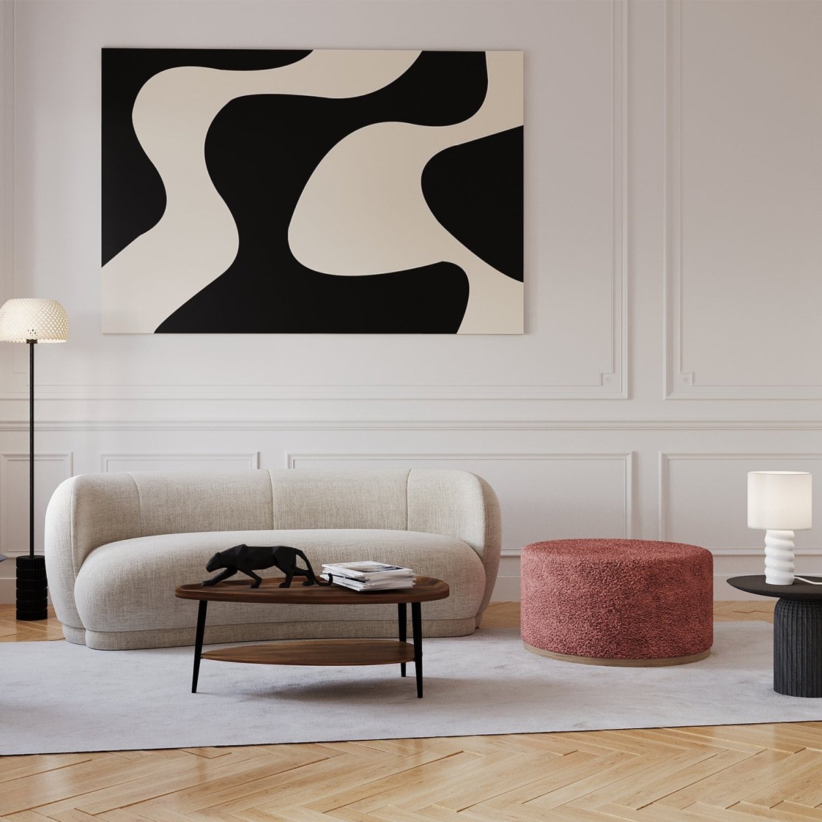 Grand pouf rond 1 place style bohème moderne en bouclette rose - Potiron Paris, la déco contemporaine chic pas chère