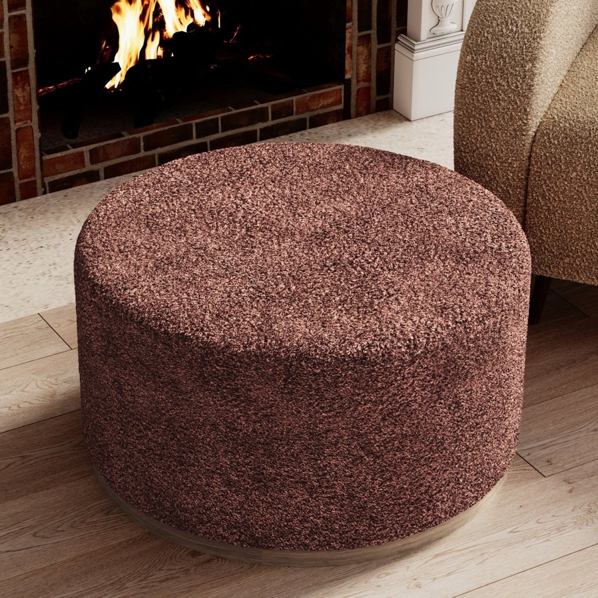 Se sentir bien chez soi dans une déco cocooning, c'est facile avec le pouf rond graand format ottoman en bouclette rose - Potiron Paris, la déco contemporaine chic pas chère