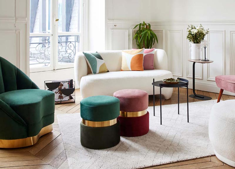 Pouf contemporain Cassiopée, bicolore vert et métal or Potiron Paris