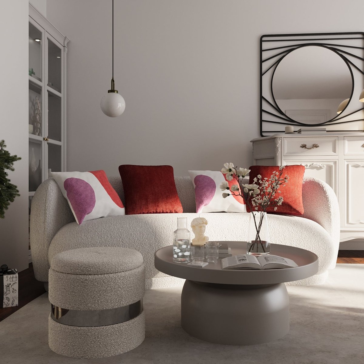 Optimisez votre espace dans le salon ou dans la chambre avec le pouf rond en bouclette : il contient un esapce de rangement intégré - Potiron Paris, meubles et déco maison design