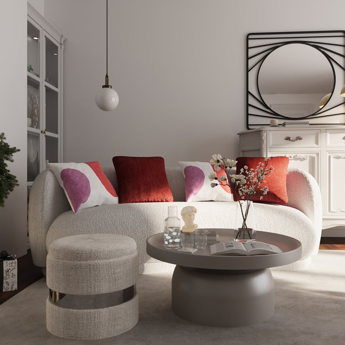 Colleciton petits meubles de salon design et rangement déco : gagnez de la place, optimiser l'esapce du salon ou de la chambre avec le coffre de rangement intégré au pouf rond en tissu bouclette - Potiron Paris, meubles et déco maison design