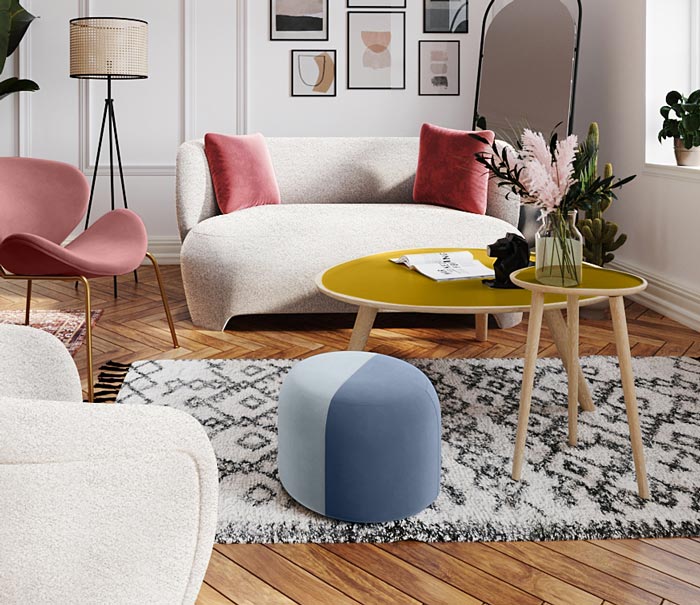 Pouf rond en velours bicolore bleu Iris Potiron Paris