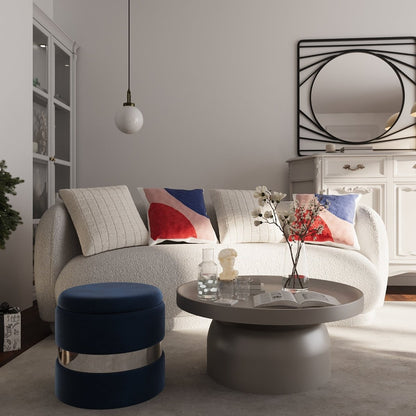 Associez un pouf rond avec coffre de rangement en velours bleu et métal argenté aux meubles du salon design organique - Potiron Paris, site meuble et déco pas cher
