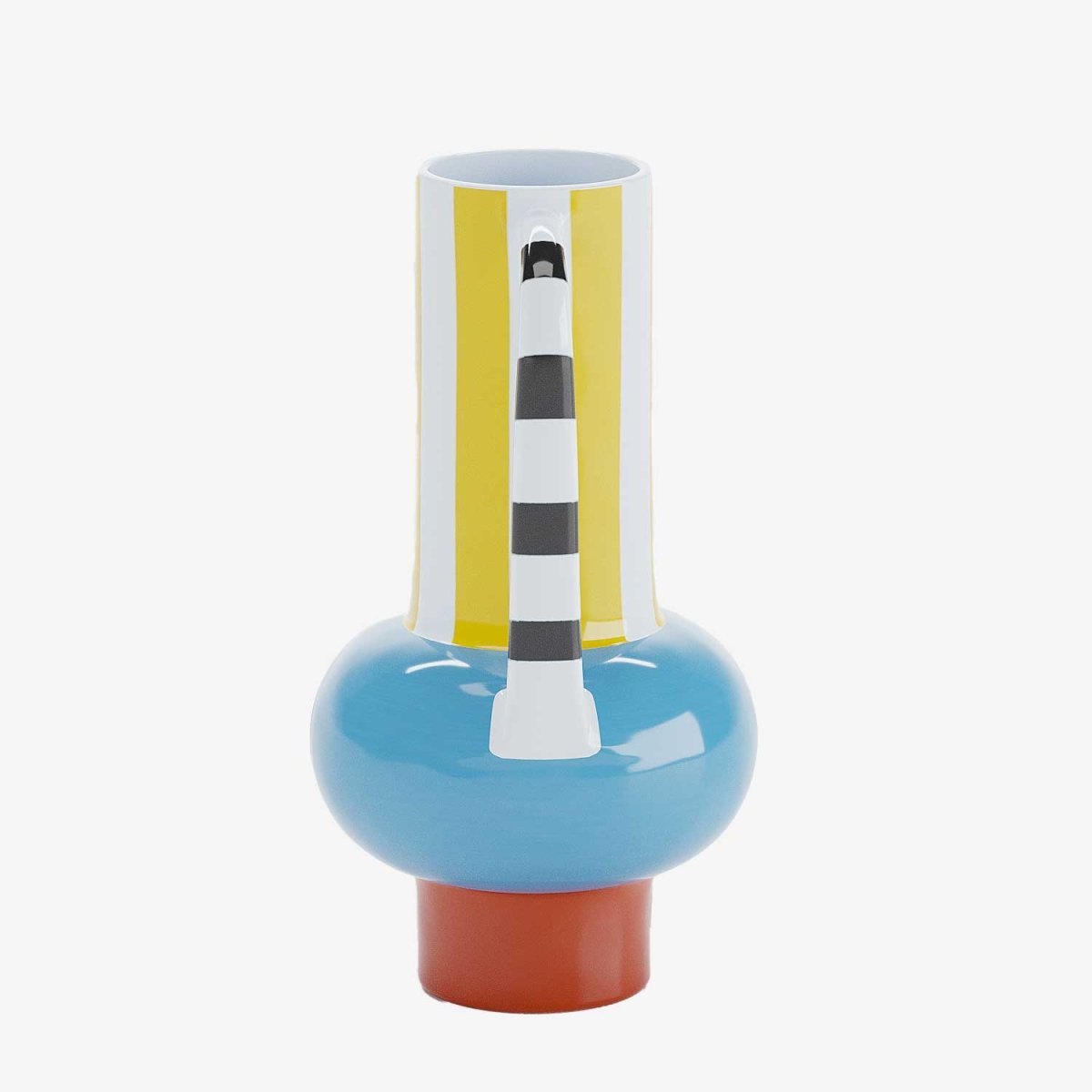 Vase ethnique céramique rayée bleue, jaune, terre cuite et noir