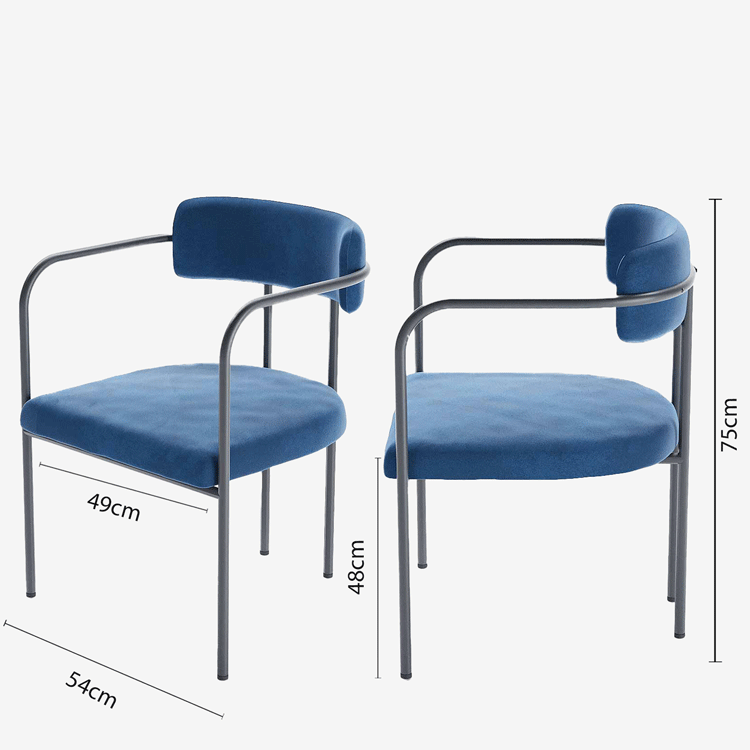 Chaise de salle à manger avec accoudoirs de style industriel, en velours bleu