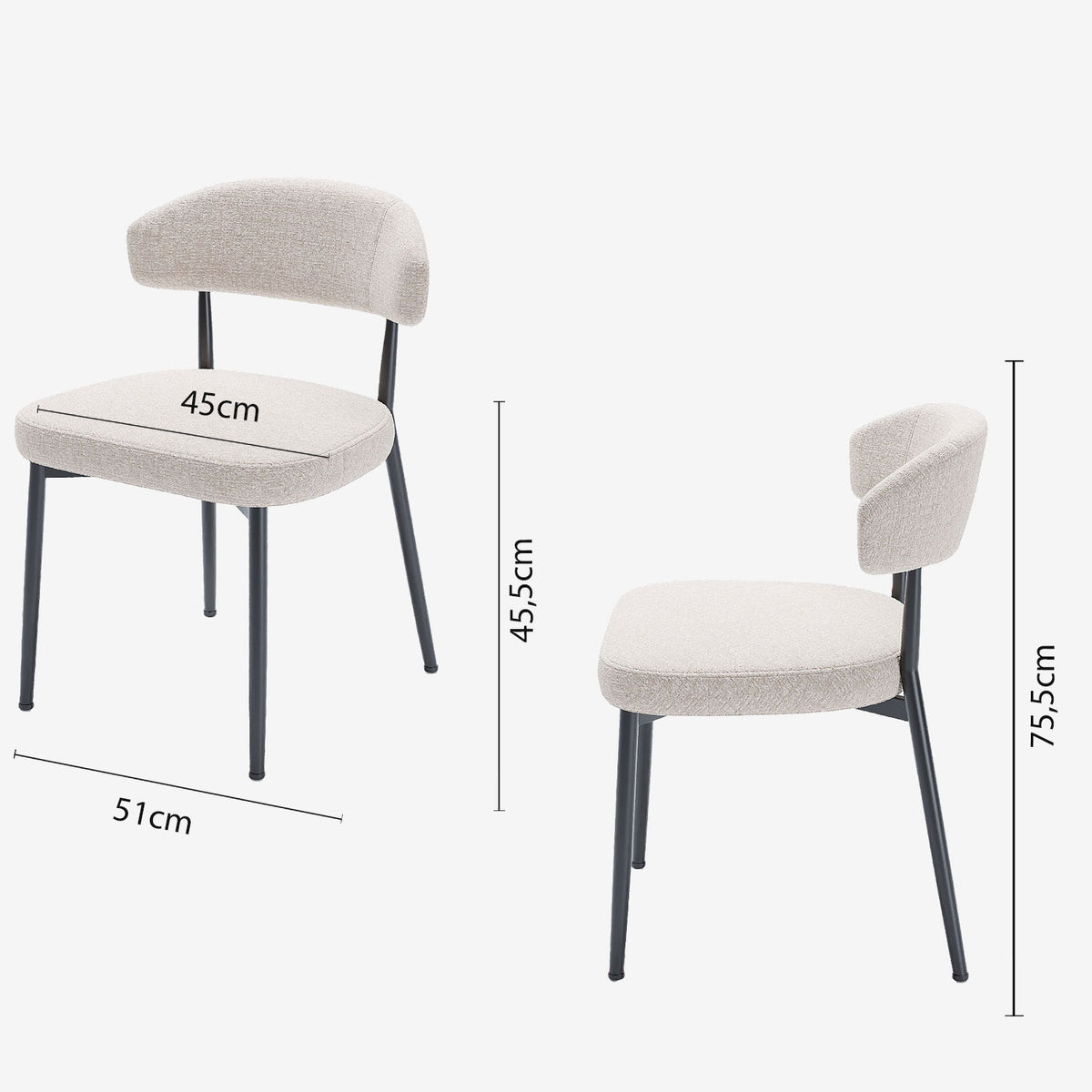 Lot de 2 chaises de salle à manger en velours crème & métal noir Mona Potiron Paris