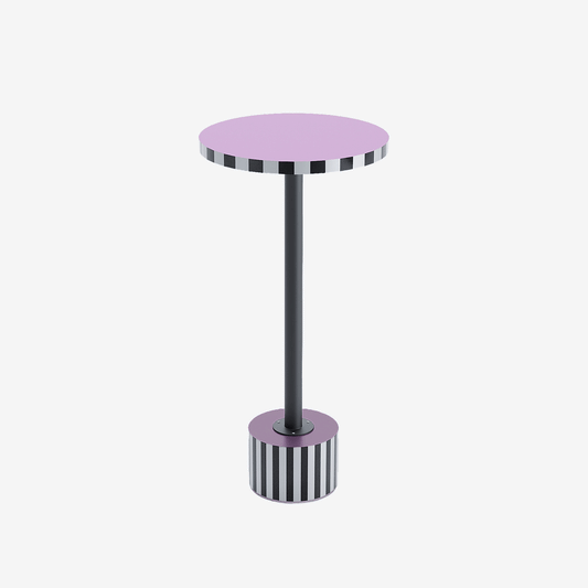 table basse couleurs vives à motifs géométriques, violet parme et noir