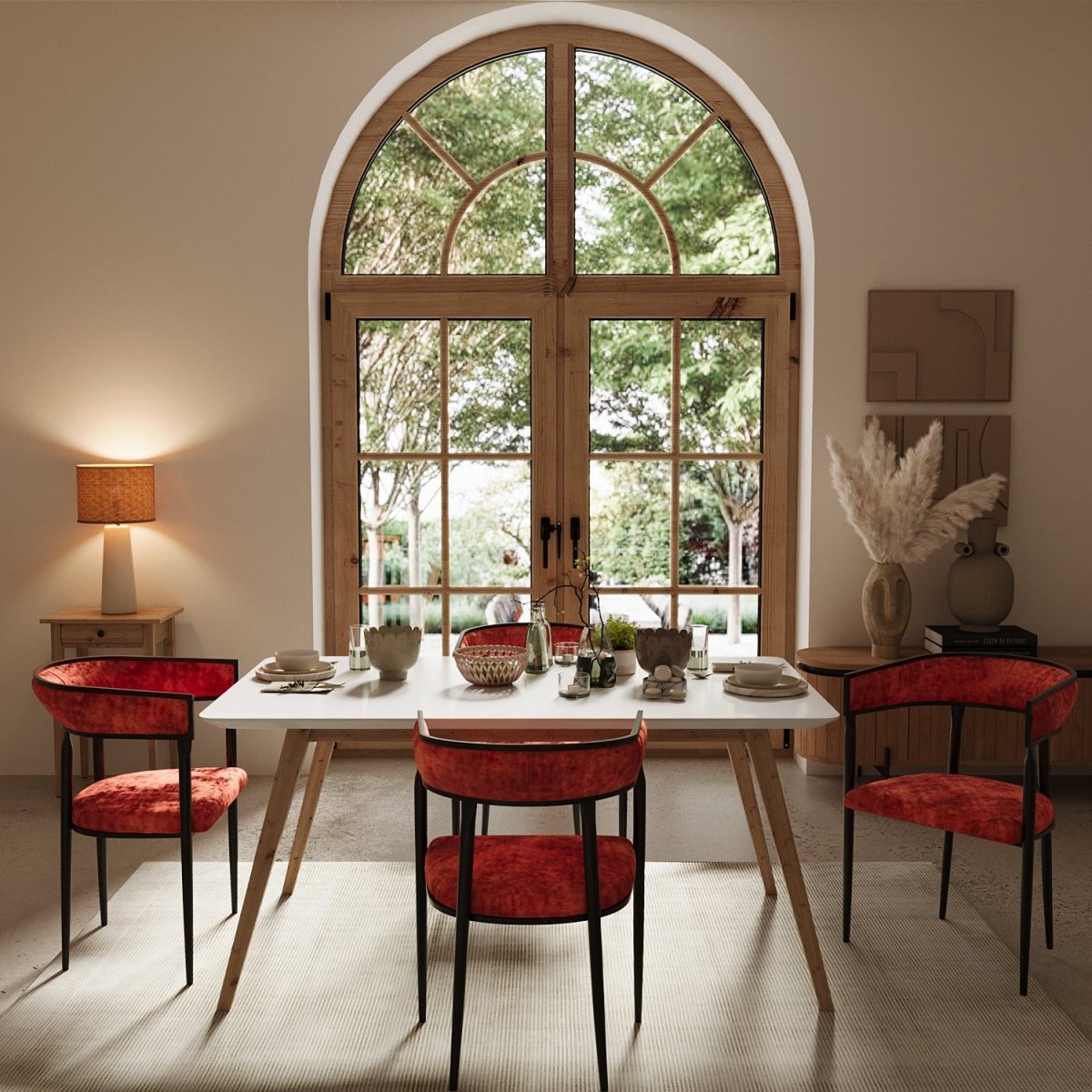 Chaise de salle à manger design dossier arrondi velours ocre Aurore Potiron Paris