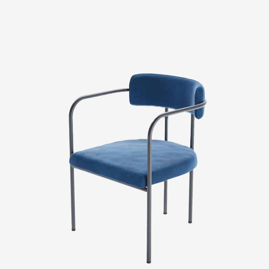 Chaise de salle à manger tapissée avec accoudoirs, velours bleu, Barbara Potiron Paris
