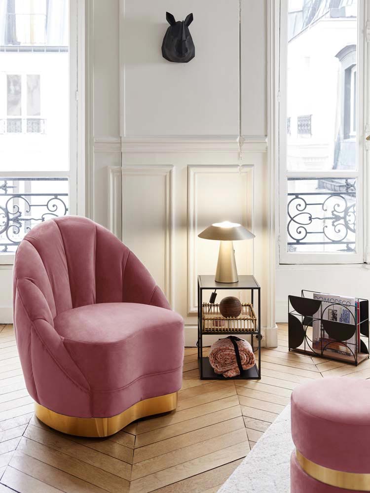 Chaise Paris, velours rose & pieds aspect laiton
