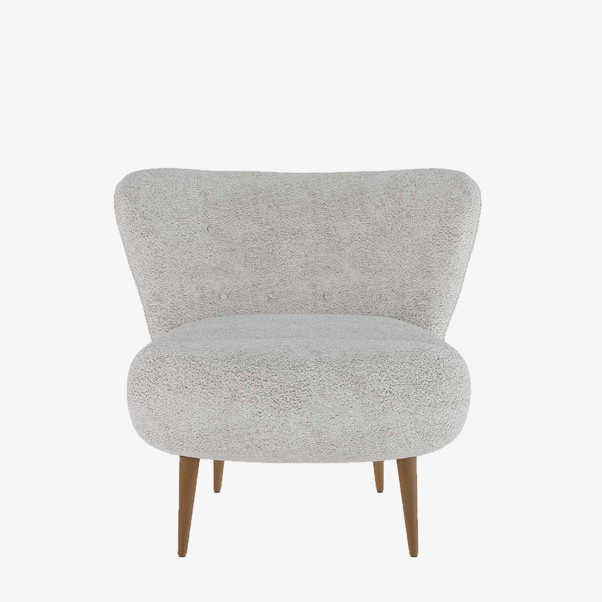 Petit fauteuil scandinave à oreilles style rétro en tissu bouclette gris-crème et bois- Potiron Paris, la satisfaciton des assises design confortables et pas chères