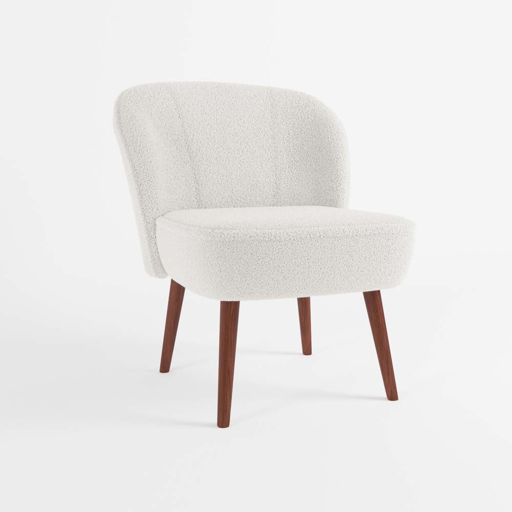 Petit fauteuil de salon Jane, blanc effet laine bouclée, pieds en bois foncé Potiron Paris