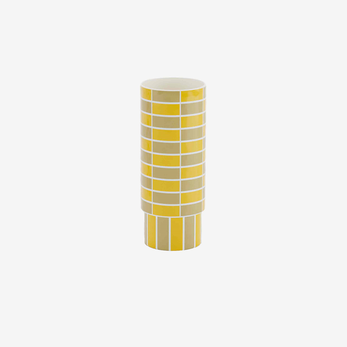 Grand vase tube à damier jaune et beige