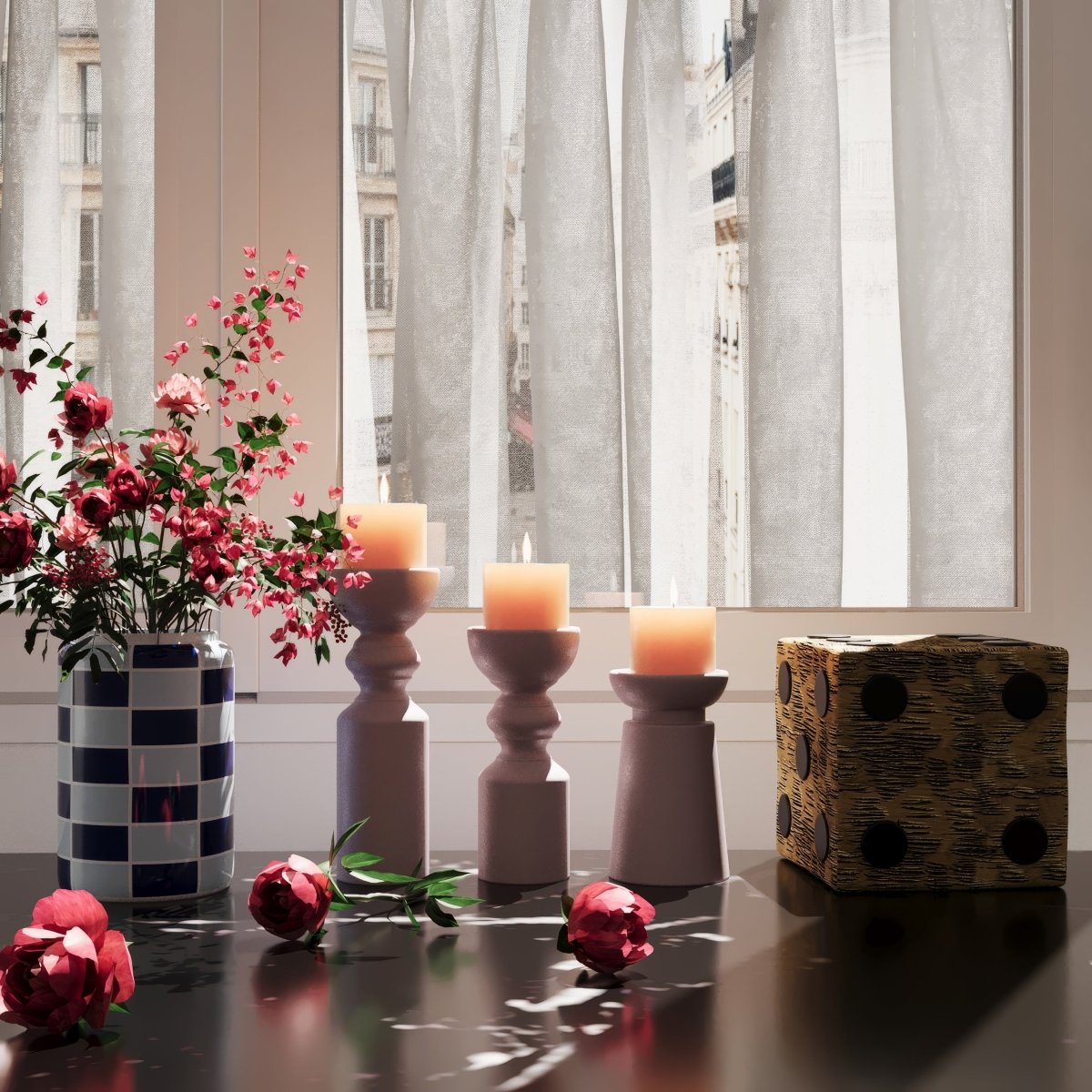 Les objets déco design Potiron Paris vous permettent toutes les libertés de style pour créer vos compositions : vase à damier en céramique brillante, bougeoirs stylisés modernes, dé à jouer imitaiton bois