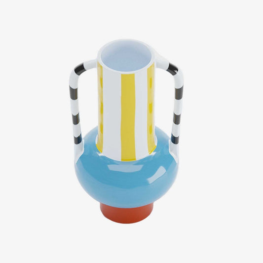 Vase à anses en céramique rayée et colorée, style bohème ou ambiance French Riviera